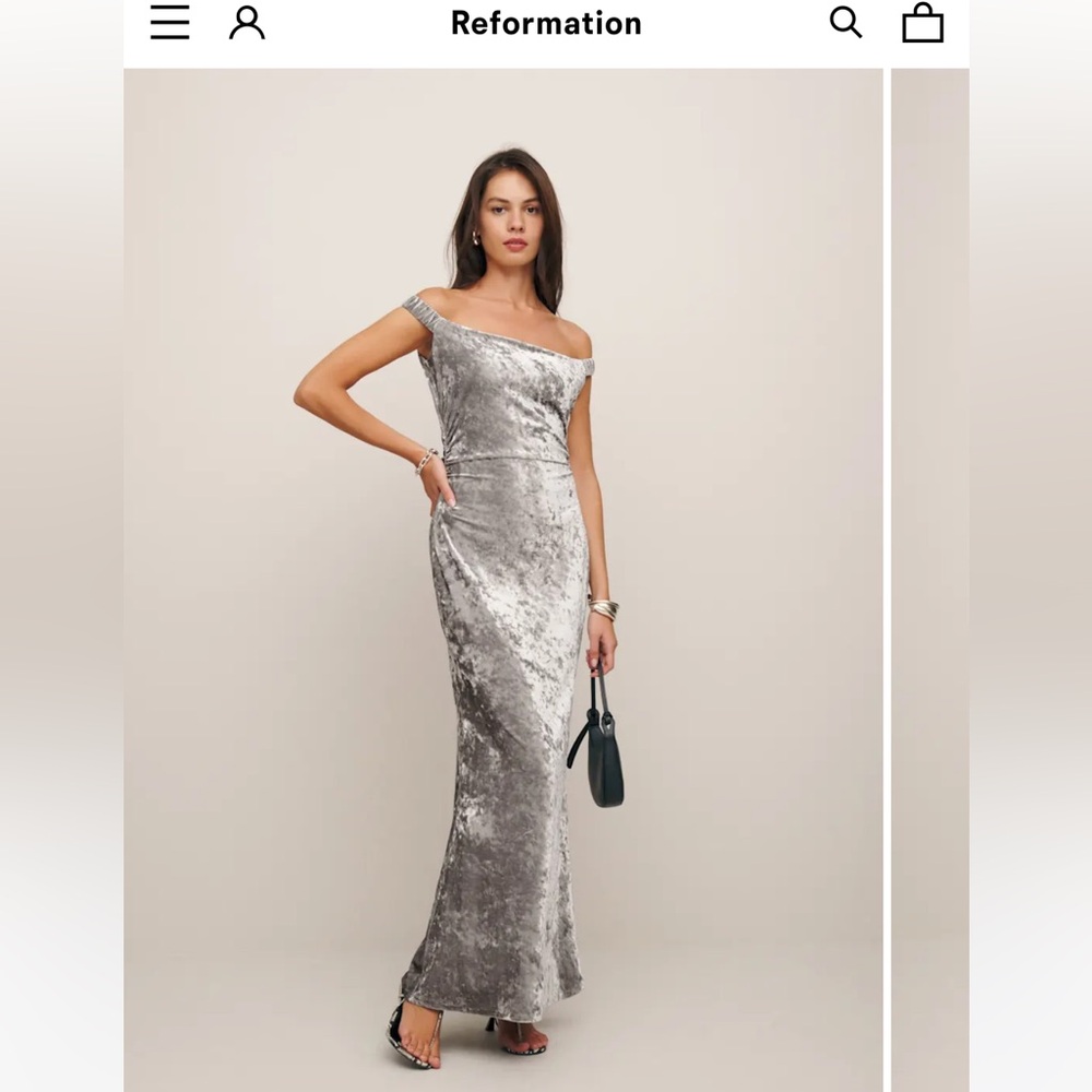 Reformation Ritz Knit Silver Velvet Maxi Off Shoulder Dress Medium